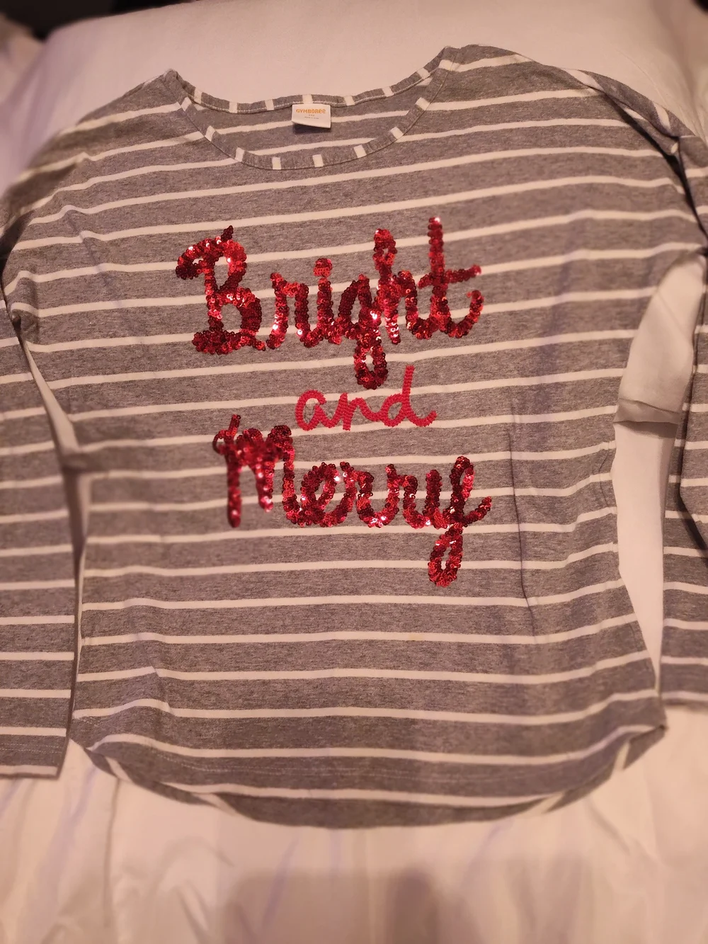 Gymboree Gray & White Stripe Long Sleeve Top with Red Sequin 'Bright and Merry'